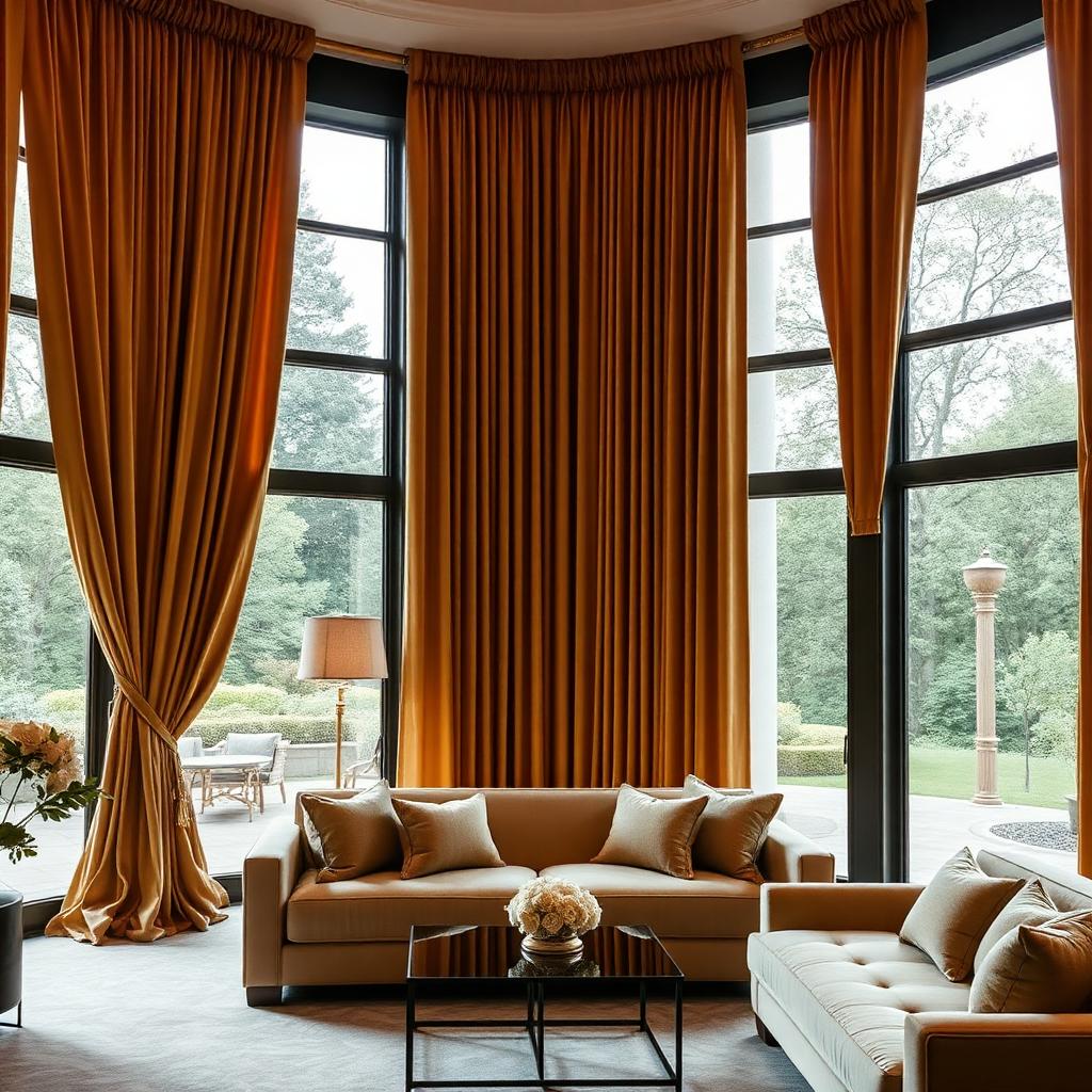 Gold pleated living room curtains framing large windows