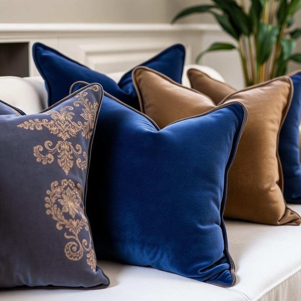 Decorative navy and gold velvet cushions on a cream sofa