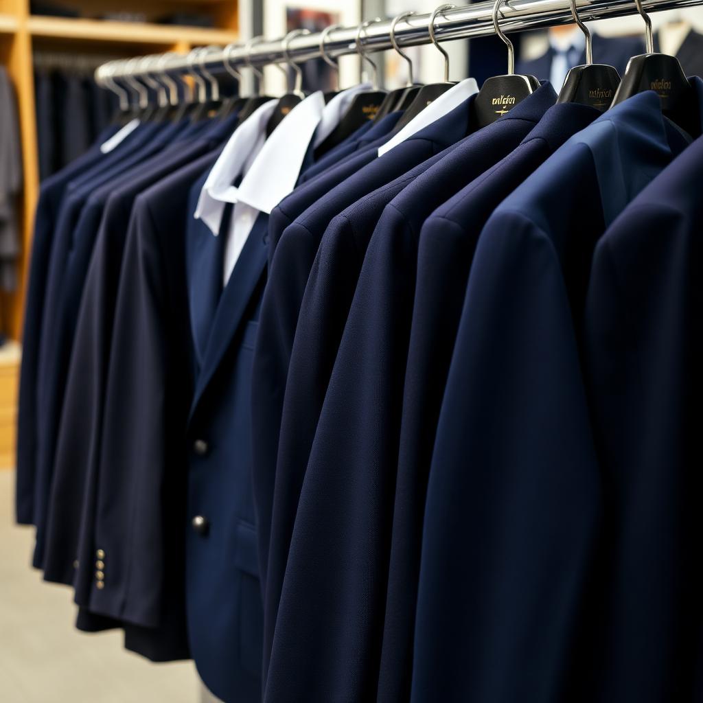 Tailored navy staff uniforms on hangers
