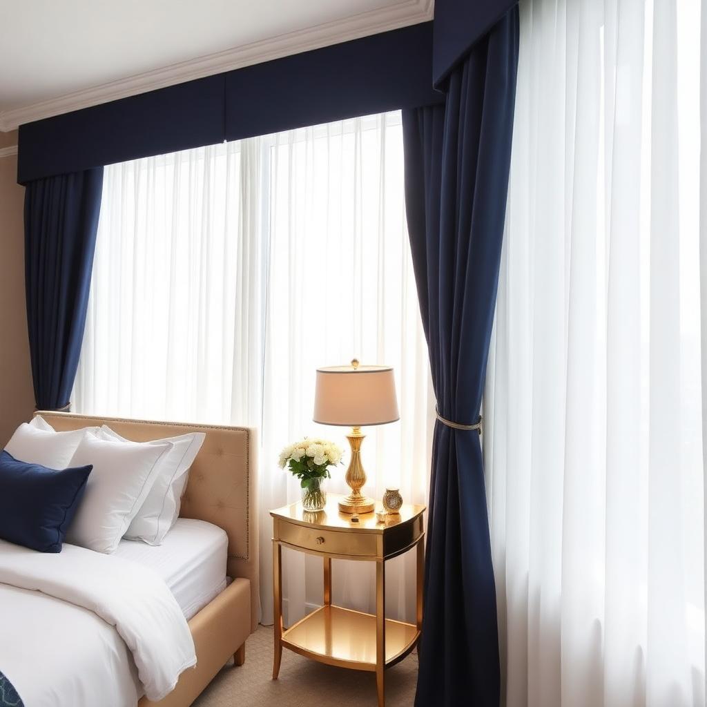Bedroom with navy blackout curtains and white sheers