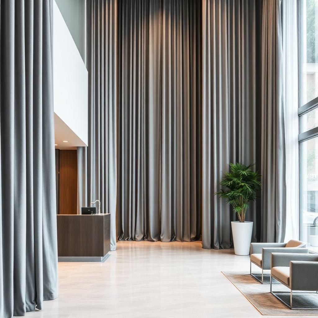 Office reception with tall grey drapes