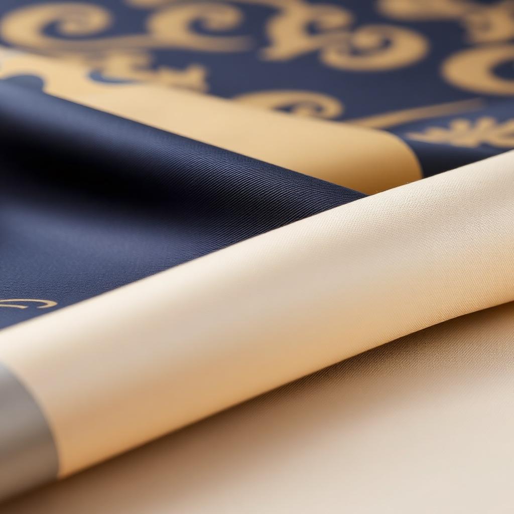 Curtain fabric swatches in navy, gold and cream